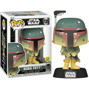 Boba Fett GITD 735 Funko Pop figure from Star Wars, featuring Boba Fett in a glow-in-the-dark design with detailed armor and helmet. Collectible vinyl figurine for Star Wars fans and Funko Pop collectors, limited edition Boba Fett Funko, GITD Star Wars Funko Pop, glow-in-the-dark Boba Fett collectible, Boba Fett vinyl figure, Star Wars Pop figure, Boba Fett Funko Pop 735, Boba Fett action figure, Star Wars collectible figurine