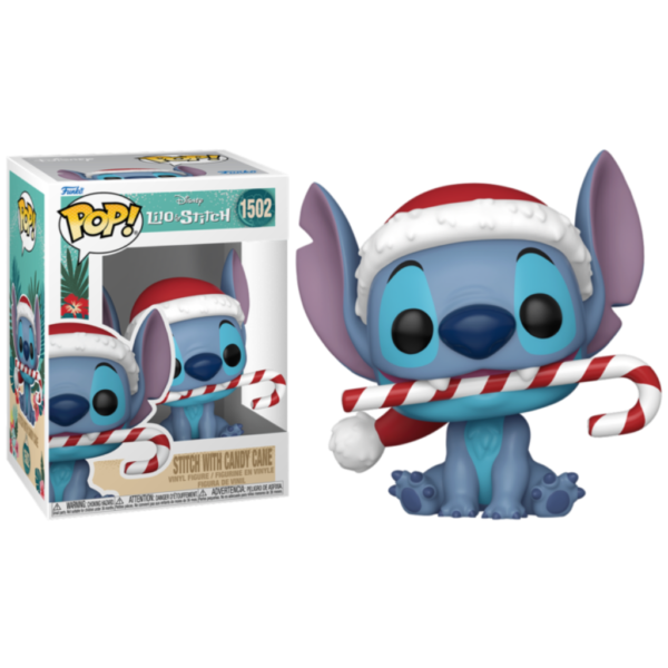 Stitch with Candy Cane 1502 Funko Pop, featuring Stitch from Lilo & Stitch holding a festive candy cane. Collectible vinyl figurine for Disney fans, limited edition Stitch Funko Pop, holiday Stitch Funko Pop, Christmas Stitch with candy cane, Funko Pop Disney series, Stitch collectible figure, Disney Stitch Funko, Lilo & Stitch Christmas Pop figure, Stitch 1502 vinyl collectible, holiday collectible Funko Pop